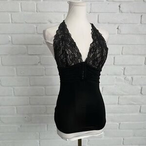 Black Lace Halter Bodysuit / Lingerie Top – Sheer Floral Lace romantic XS